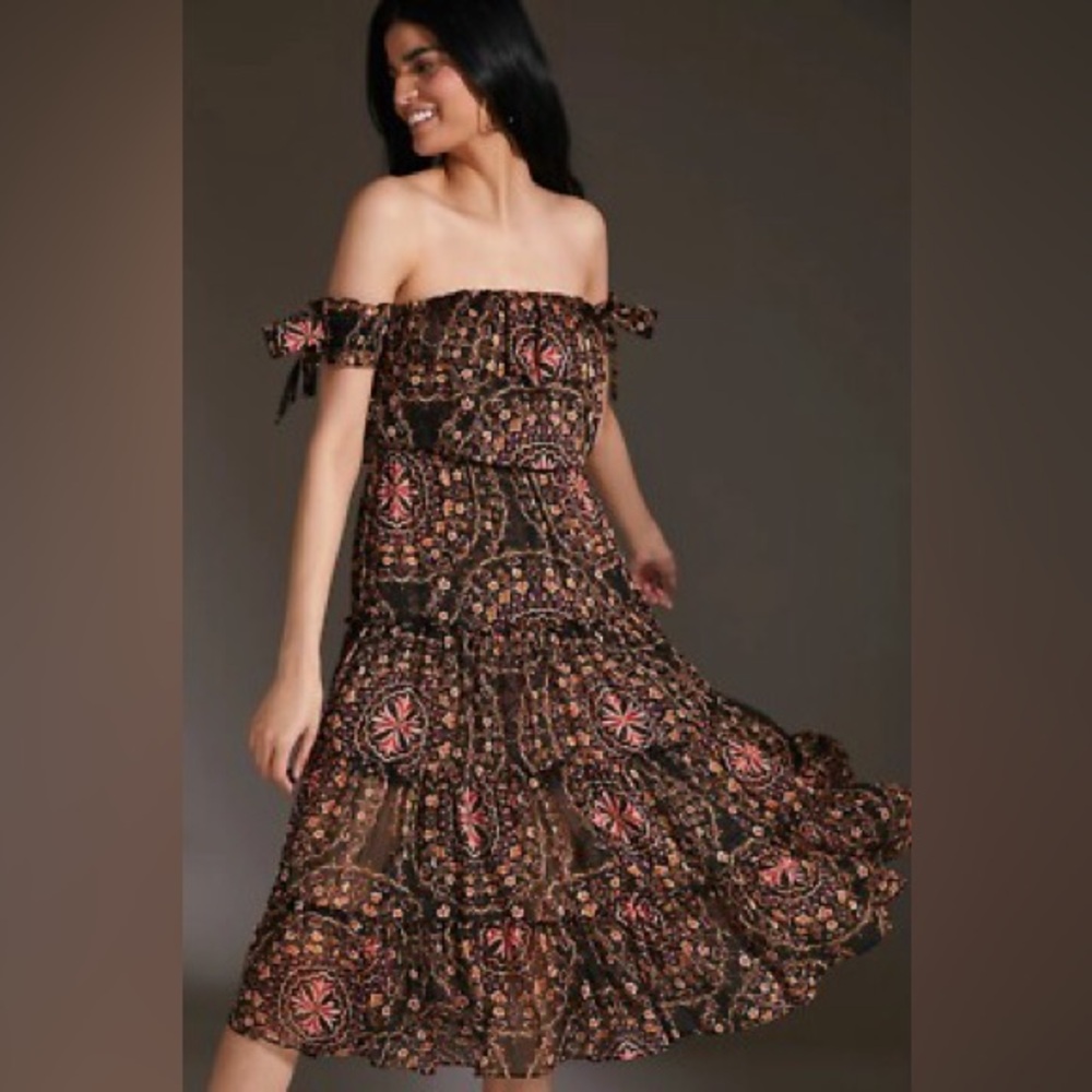 Misa Los Angeles Medallion Off Shoulder Midi Dress